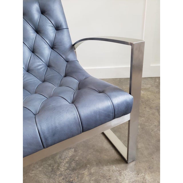 Blue Lounge Chair Leather Button & Tufted For Sale - Image 8 of 13