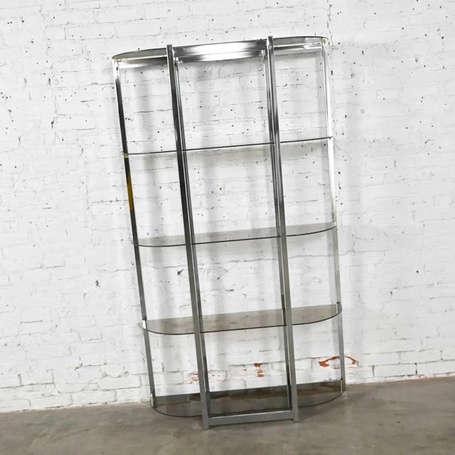 Mid-Century Modern Bow Shape Chrome Etagere 5 Smoked Glass Shelves Style of James David or Dia For Sale - Image 6 of 12