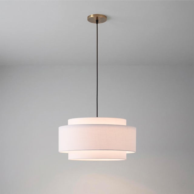 2020s Coronado 15" Pendant Light Kit, Drum White Linen Shade, Weathered Brass Steel, Dimmable, 15"d For Sale - Image 5 of 6