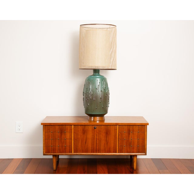 Mid-Century Modern table lamp by renowned California studio potter David Cressey. Features and earthy teal green glaze and...