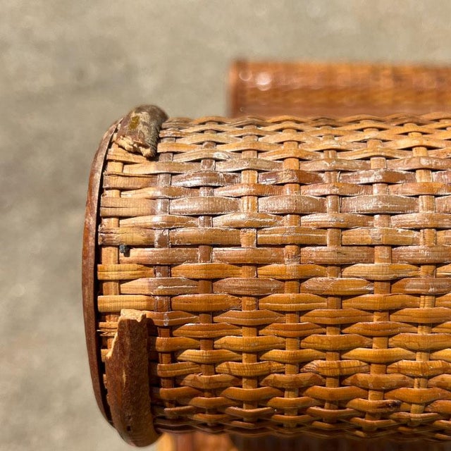 Brown 1960s Egyptian Revival Burnt Bamboo Wicker and Rattan Scroll Arm Bench or Side Table For Sale - Image 8 of 9