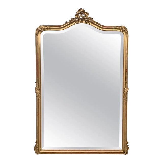 19th Century French Empire Period Carved Giltwood Rectangular Mirror With Crest For Sale