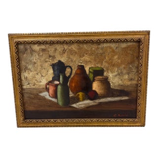 Vintage Mid Century Italian Still Life Oil Painting Signed E. Romini Gold Frame For Sale