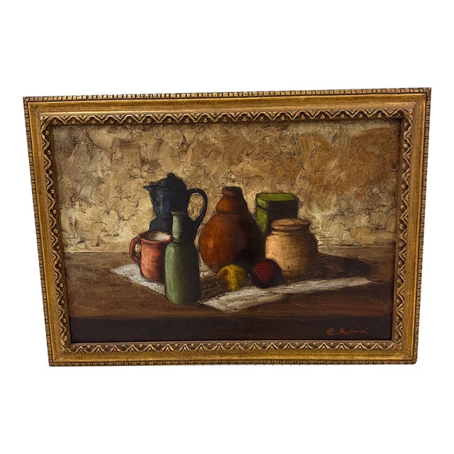 Vintage Mid Century Italian Still Life Oil Painting Signed E. Romini Gold Frame For Sale
