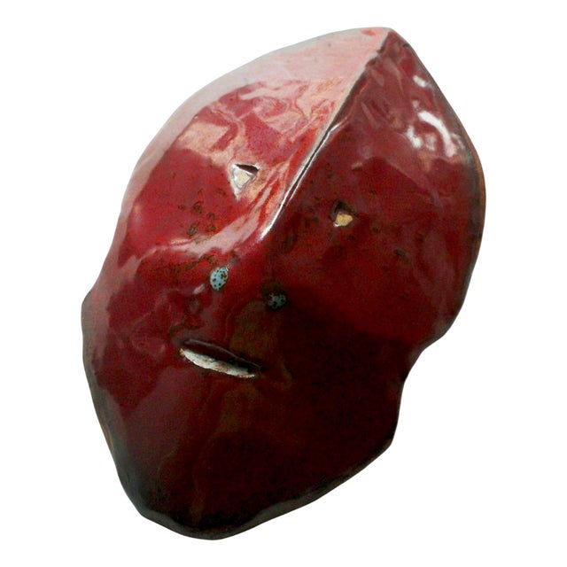 Mask in Red-Toned Glazed Ceramic in the style of Accolay, 1970s For Sale