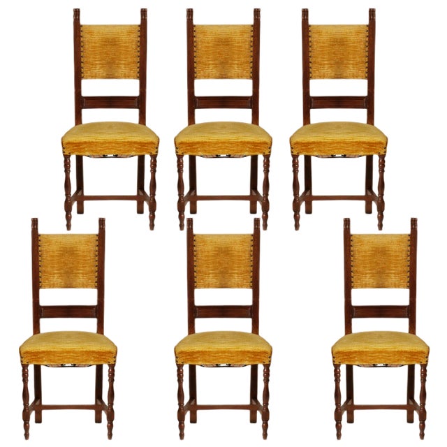 Vintage Renaissance Style Italian Walnut Dining Chairs, 1930s, Set of 6 For Sale