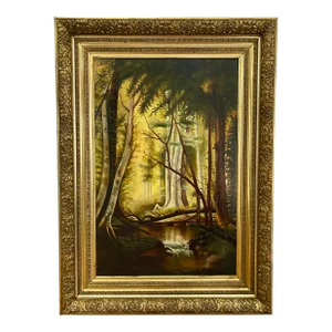 Large Antique Vertical Landscape Painting in Gilt Ornate Frame