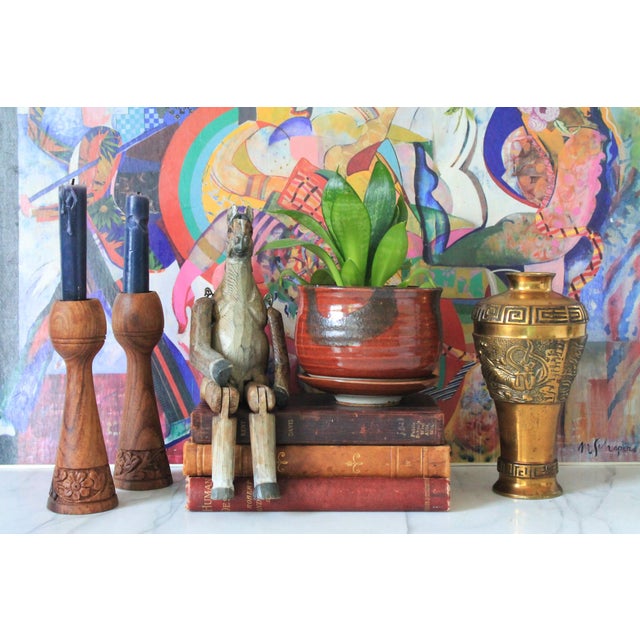 Brown Pair of Hand Carved Wood Candle Holders For Sale - Image 8 of 10