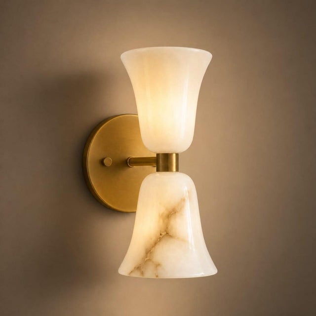Contemporary Brass & Natural Alabaster Double Wall Sconces, Bathroom Vanity & Bedroom Lighting - Set of 2 For Sale - Image 4 of 7