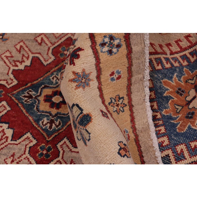 Textile Rustic Kazak Light Blue/Beige Wool Round Rug- 8'0''x8'0'' For Sale - Image 7 of 9