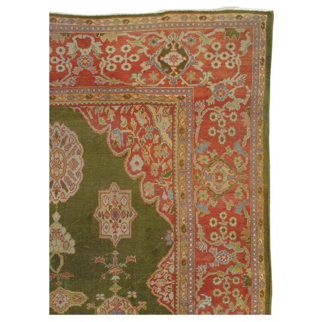 Persian Antique Persian Sultanabad Carpet Green, Coral-Red, Light Blue, Gold and Ivory For Sale - Image 3 of 6