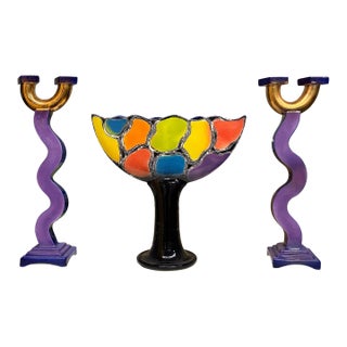 Vintage J. Packness Danish Memphis Style Ceramic Centerpiece & Candlesticks Set For Sale