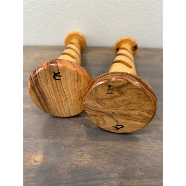 1990s Vintage Hand Carved Olive Wood Swirl Spiral Candle Holders- Set of 2 For Sale - Image 5 of 5