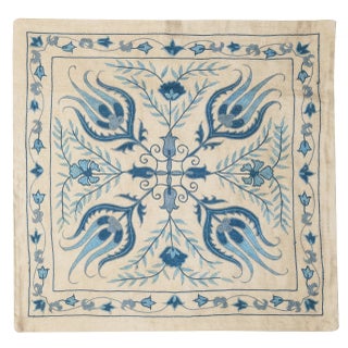 21"x21" Embroidered 100% Silk Cushion. Blue Accent Pillow. Handmade Throw Pillow For Sale