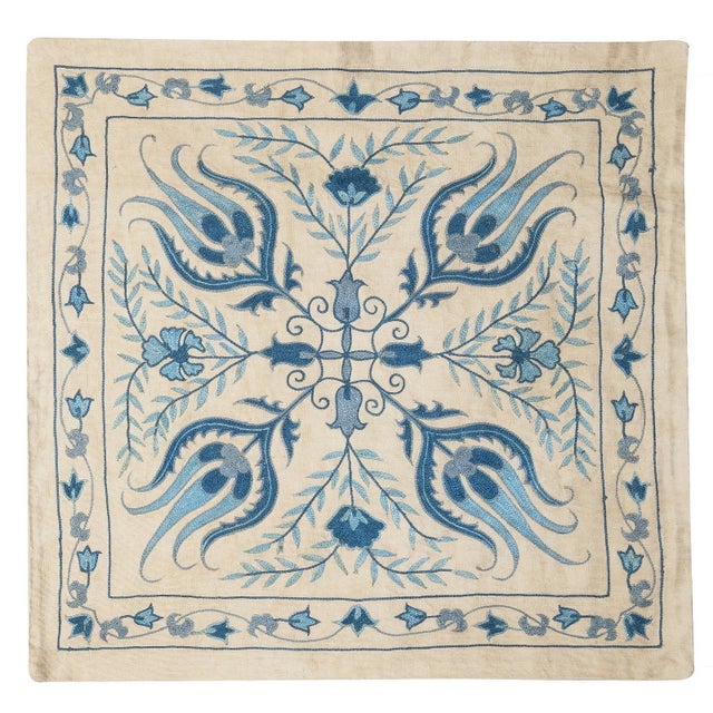 21"x21" Embroidered 100% Silk Cushion. Blue Accent Pillow. Handmade Throw Pillow For Sale