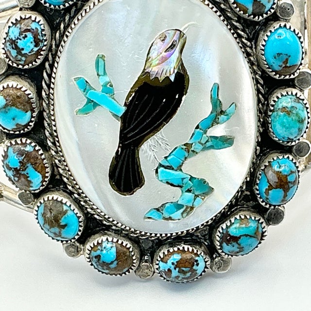 Metal 1970s Vintage Southwestern Dine’ Navajo Ben Touchine Turquoise & Sterling Large Cuff Bracelet - 7” For Sale - Image 7 of 11