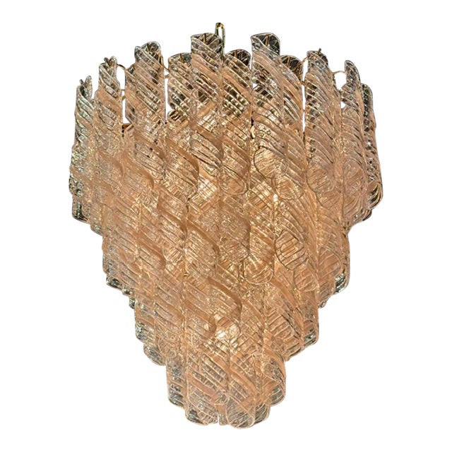 Vintage Murano Clear and Blush Spiral Glass Waterfall Chandelier For Sale