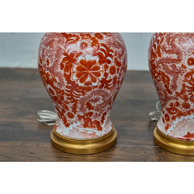 Pair of Red and White Porcelain Dragon Temple Jar Table Lamps For Sale - Image 9 of 12