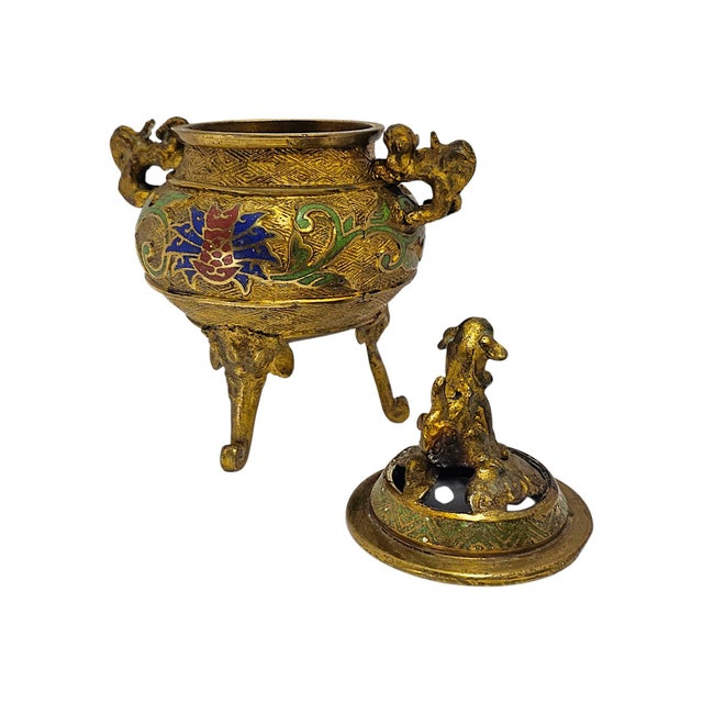 Mid-Century Japanese Champlevé Enamel Tripod Censer With Guardian Lion Finial For Sale - Image 10 of 12
