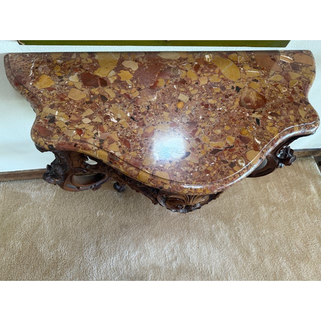 French Late 19th Century French Hand Carved Walnut Wall Console With Marble Top For Sale - Image 3 of 15