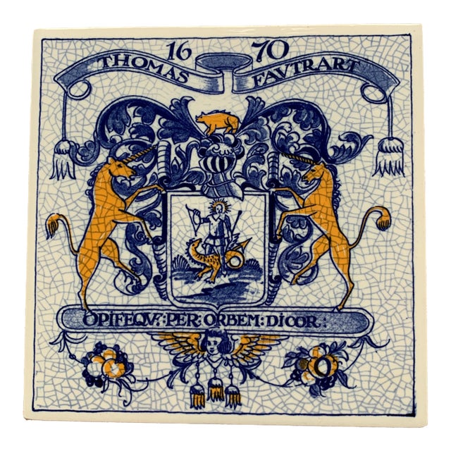 Dutch Delft Heraldic Tile in Blue and White For Sale