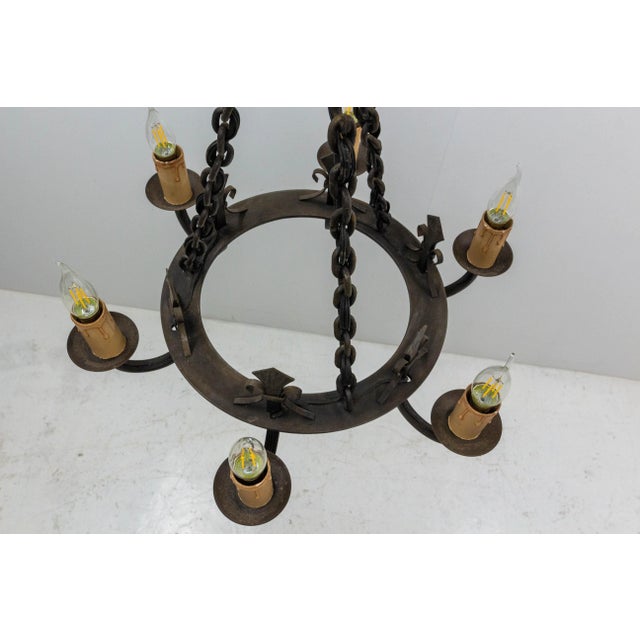 French Wrought Iron Fleur-De-Lys Chandelier, 1940s For Sale - Image 3 of 7