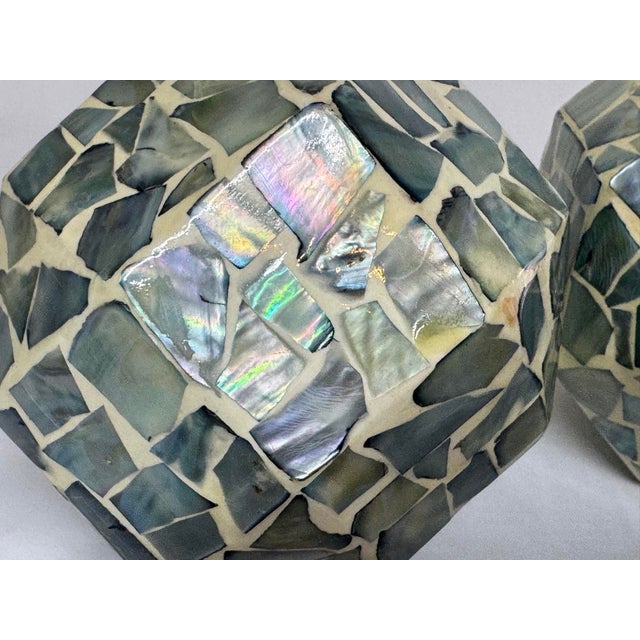1970s Pair of Abalone Mosaic Decor Orbs Geometric Squared Spheres For Sale - Image 5 of 11