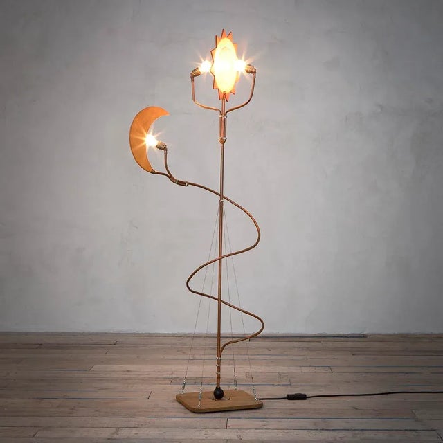 Wood and Brass Floor Lamp with Sun and Moon-Shaped Diffusers in the Style of Cordon Tones, 1980s, in None conditions....