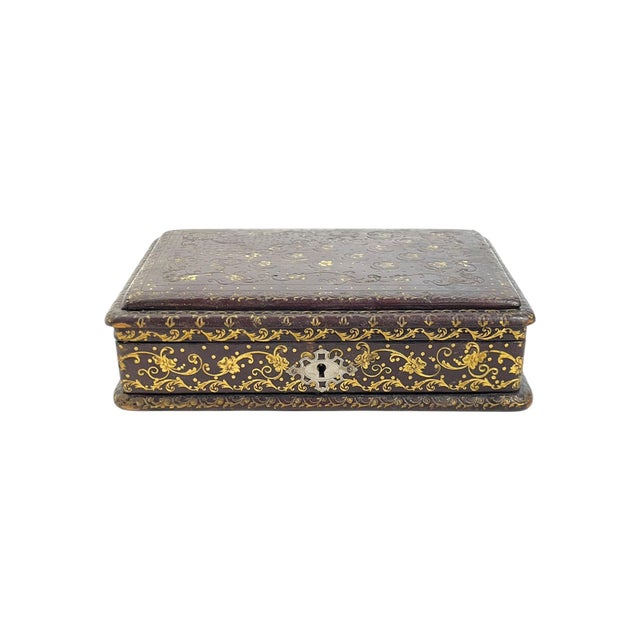 19th Century French Napoleon III Hand-Tooled Gilt Leather Box For Sale - Image 14 of 16