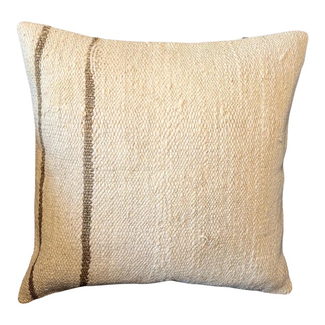 Vintage Turkish Hemp Pillow, Ivory White Single Stripe Cushion, Handwoven Anatolian Pillow With Insert, 16x16 In For Sale