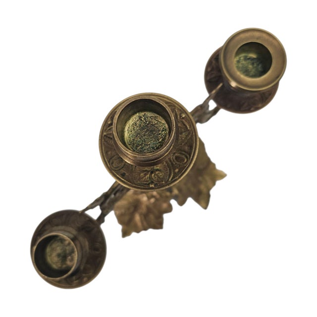 Art Nouveau Gilt Metal Three Light Candelabrum With Leaf and Vine Base 8.5" For Sale - Image 11 of 12