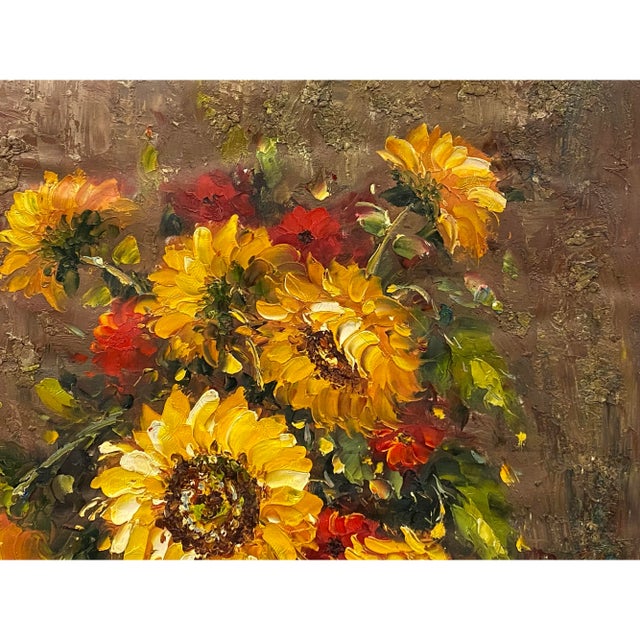 Impasto Oil Paint Canvas Art Sunflowers Yellow Vase Scroll Painting For Sale In San Francisco - Image 6 of 6