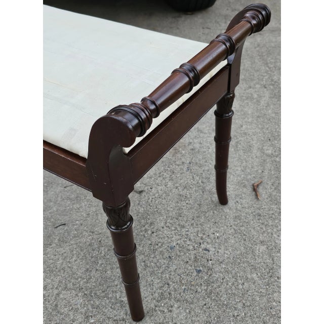 Wood Mid-Century Kindel Grand Rapids Faux Bamboo Oxford Mahogany Upholstered Bench For Sale - Image 7 of 11