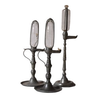 Antique French Pewter & Glass Whale Oil Time Keeping Clock - Set of 3 For Sale