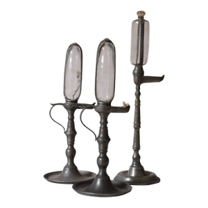 Antique French Pewter & Glass Whale Oil Time Keeping Clock - Set of 3