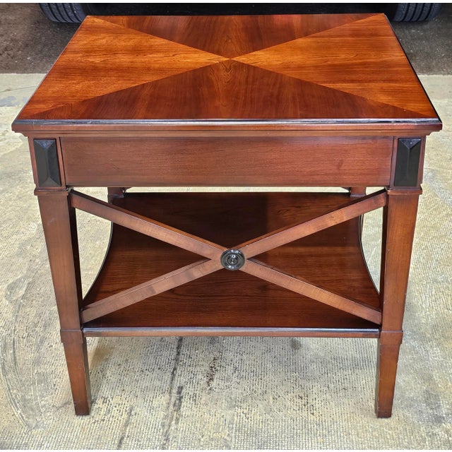 Late 20th Century Hickory Chair Company Bookmatched Fruitwood Tiered Stretcher Side Table For Sale - Image 5 of 8