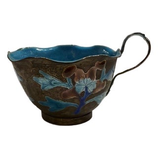 Antique Chinese Export Enameled Copper Miniature Tea Cup Floral Design For Sale