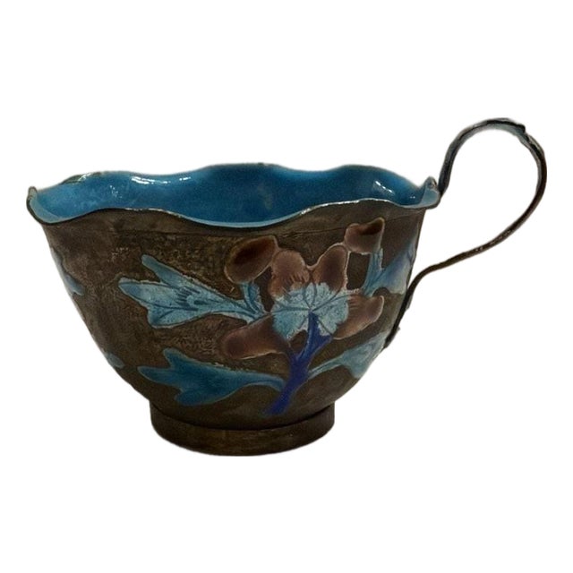 Antique Chinese Export Enameled Copper Miniature Tea Cup Floral Design For Sale