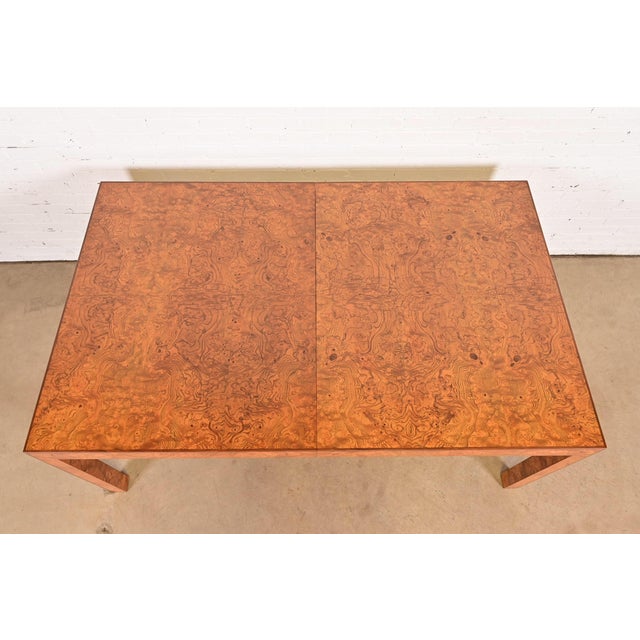 Milo Baughman Style Burl Wood Parsons Extension Dining Table, Newly Refinished For Sale - Image 9 of 15