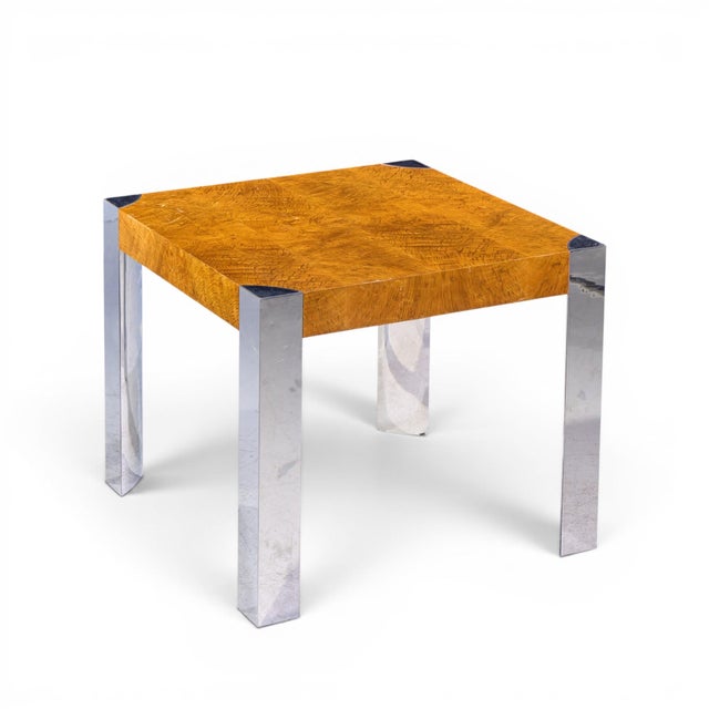 Wood Milo Baughman Style Mid Century Chrome and Burlwood Dining Table For Sale - Image 7 of 7