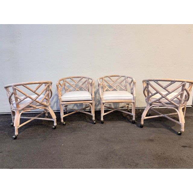 American Henry Link Dining Set. Fully Refurbished, New Upholstered Seats. Chippendale, White Washed Chairs and Table With Glass. Classic Coastal Design For Sale - Image 3 of 12