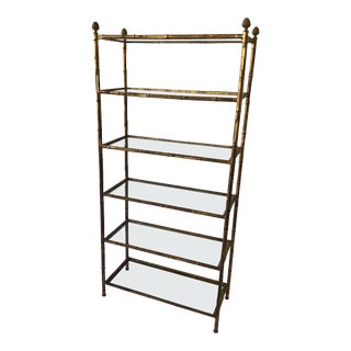 1950s, Faux Bamboo Gilt Iron Italian Etagere with Glass Shelves For Sale