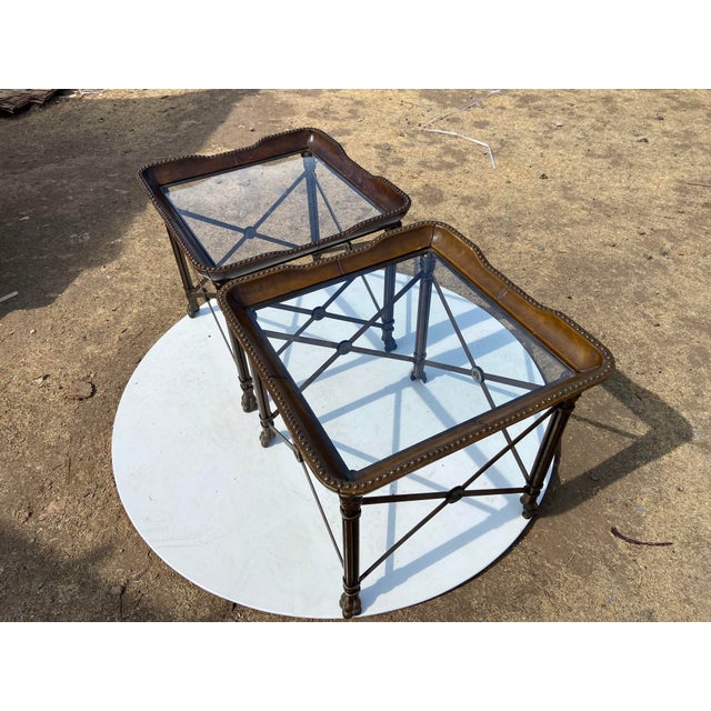 Vintage Attributed to Matiland Smith Nail Head Leather and Glass End Side Tables À Pair For Sale - Image 10 of 18