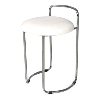 Modern Italian Round Chromed Metal Stool and White Faux Leather, 1980s For Sale