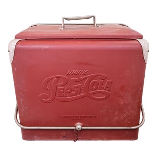 Vintage 1940s Drink Pepsi-Cola Embossed Metal Cooler by Progress Refrigerator Co. For Sale