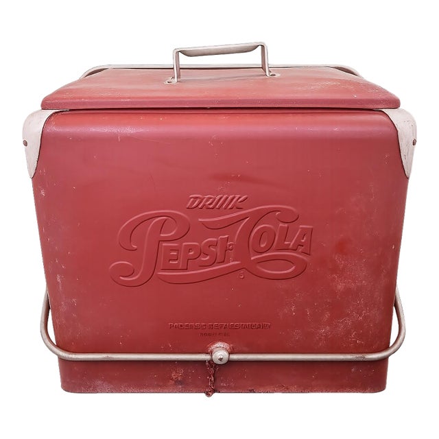 Vintage 1940s Drink Pepsi-Cola Embossed Metal Cooler by Progress Refrigerator Co. For Sale