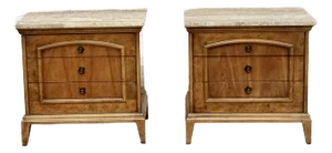 1970s a Pair of Mid Century Burl Wood Nightstands With Travertine Tops