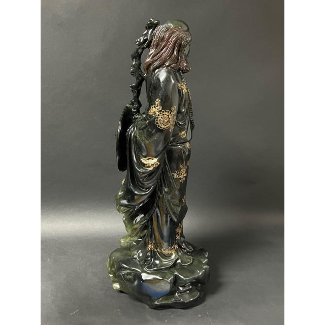 Chinese Art Large Carved Dark Green Soapstone Bodhidharma Statue For Sale - Image 12 of 13