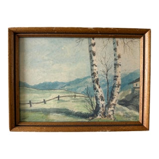 Small Framed Watercolor Rural Landscape Painting For Sale