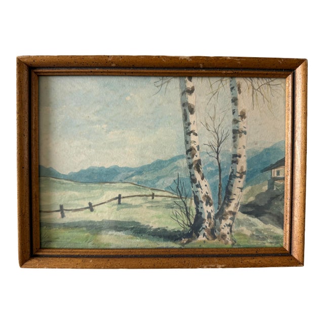 Small Framed Watercolor Rural Landscape Painting For Sale